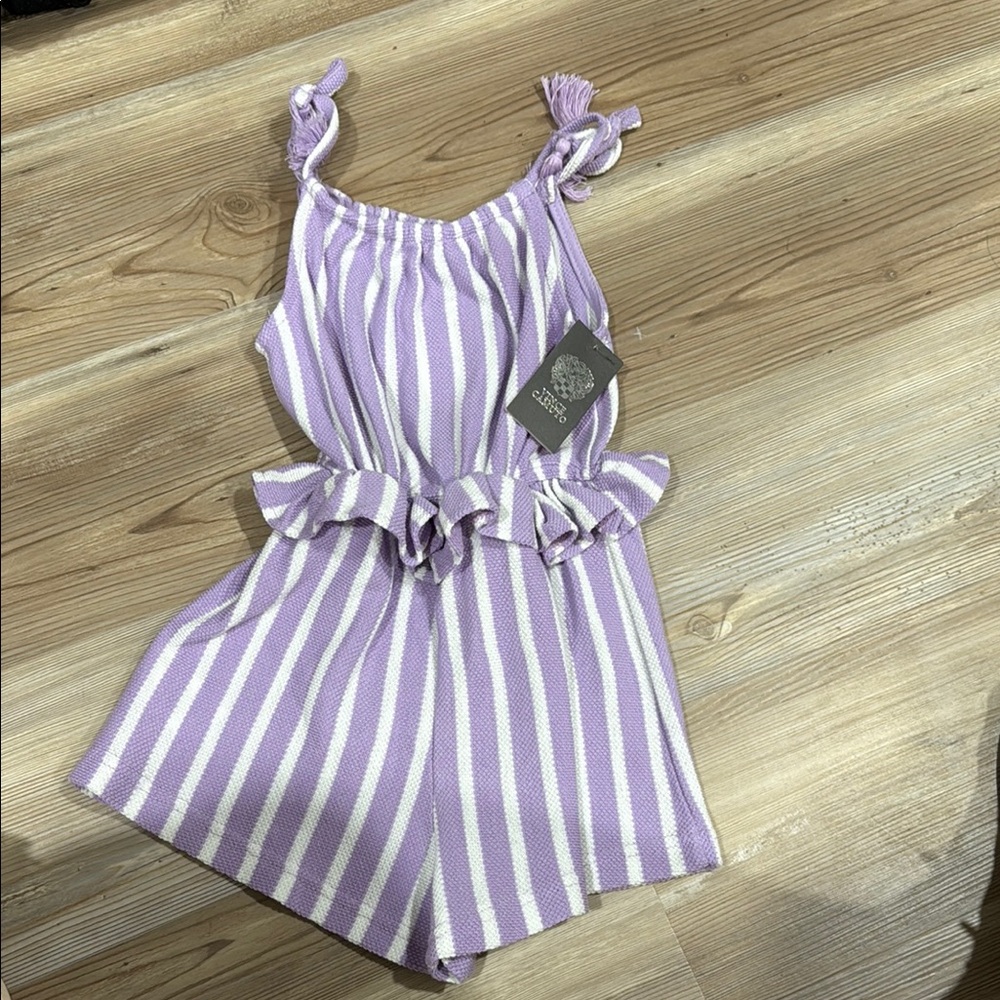 Vince Camuto Purple and White Striped Romper with Ruffled Straps